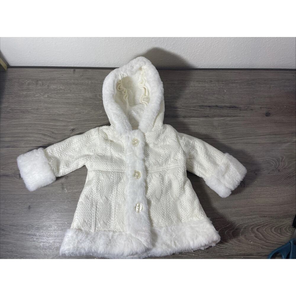 Koala Kids Baby Girl White Cable Knit Hooded Coat Jacket Faux Fur Trim 0-3M